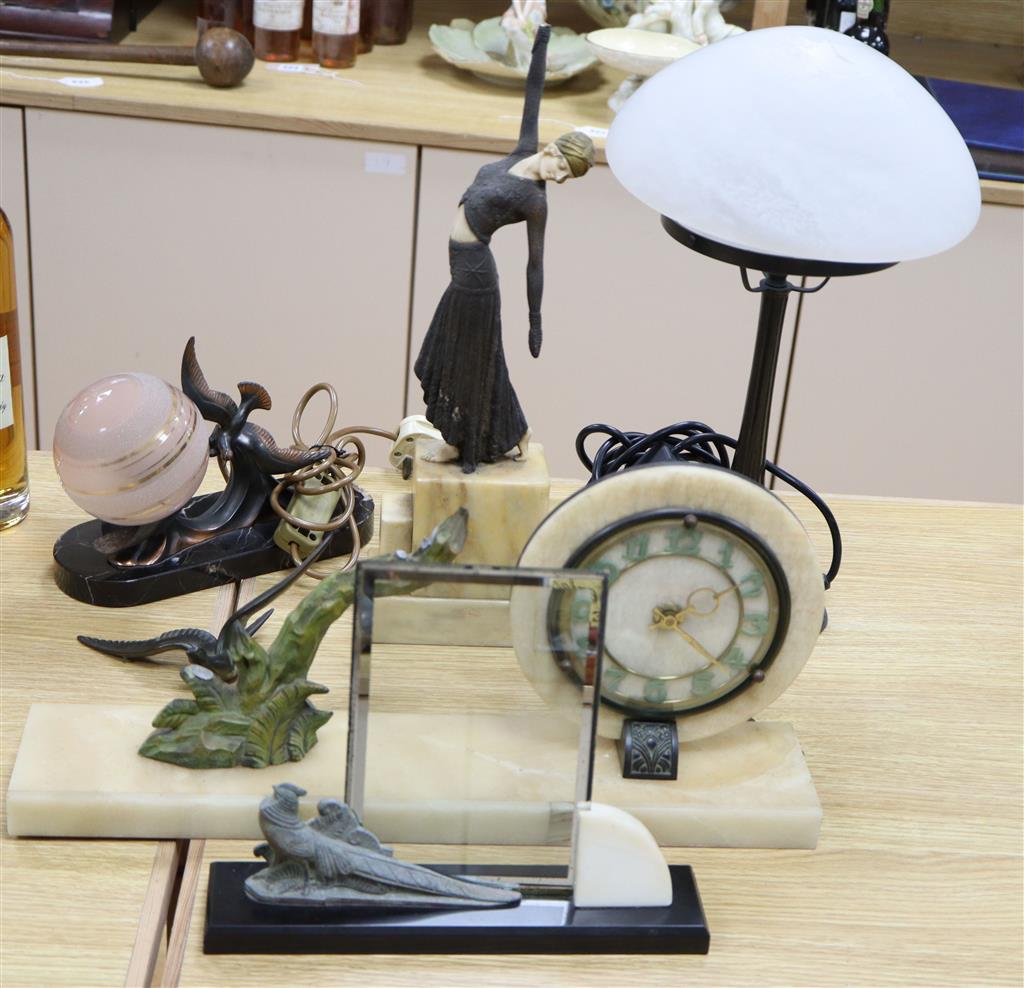 An Art Deco style female figure, 14cm, a lamp, a clock and a frame